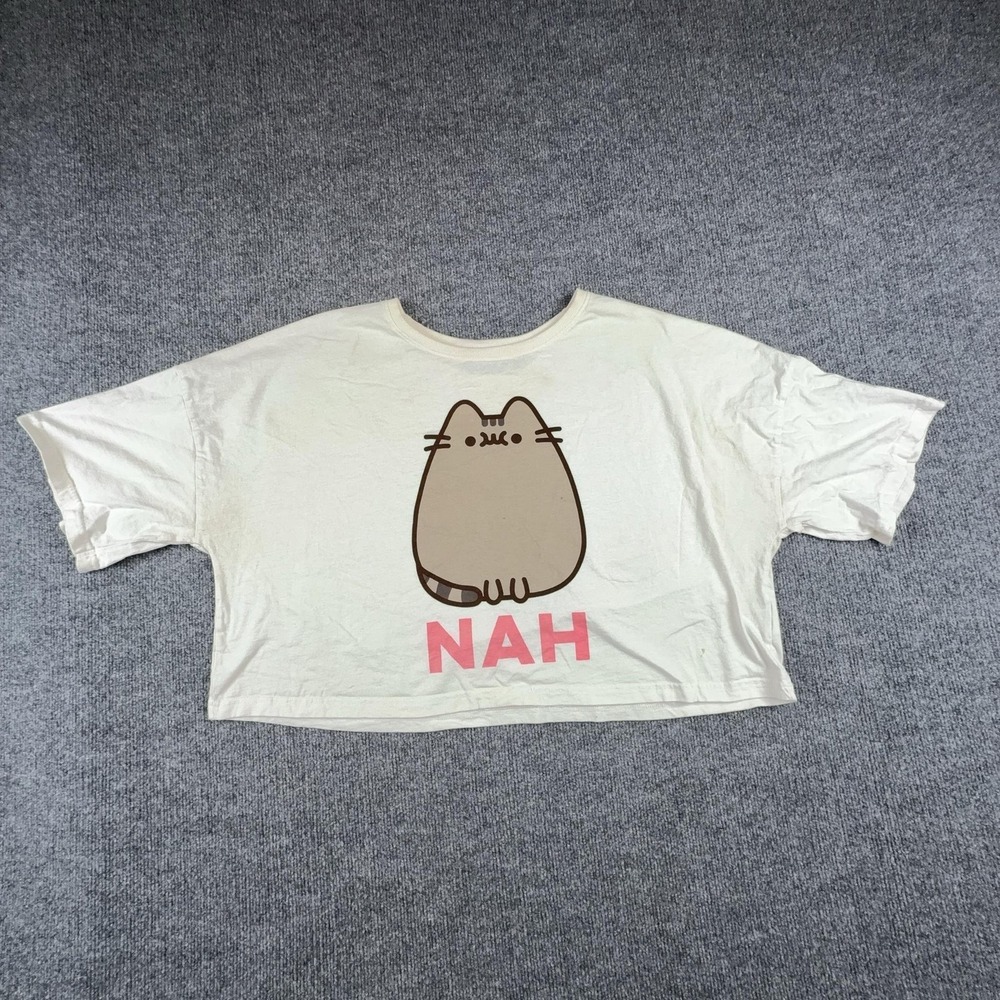 Pusheen The Cat Shirt Womens XL White Nah Cartoon Graphic Cropped Tee Top
